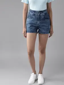 Roadster Women Blue Washed Regular Fit High Rise Denim Shorts