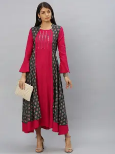YASH GALLERY Women Grey & Pink Embroidered Layered Fit and Flare Dress