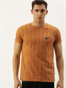 DILLINGER Men Camel Brown  Orange Striped Round Neck Pure Cotton T-shirt