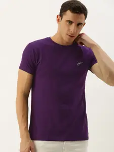 DILLINGER Men Purple Solid Round Neck Pure Cotton T-shirt