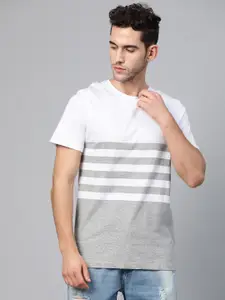 Roadster Men White & Grey Melange Striped Round Neck T-shirt