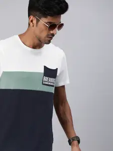 Roadster Men White  Green Colourblocked Round Neck Pure Cotton T-shirt