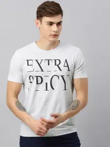 Huetrap Men Grey Melange Printed Round Neck T-shirt