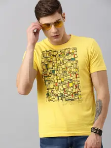 Huetrap Men Yellow Printed Round Neck Pure Cotton T-shirt
