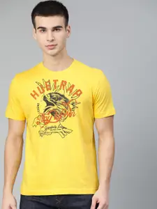 Huetrap Men Yellow Printed Round Neck Pure Cotton T-shirt