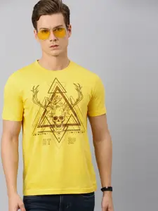 Huetrap Men Yellow  Brown Printed Round Neck Pure Cotton T-shirt