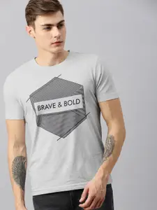 Huetrap Men Grey Melange Printed Round Neck T-shirt