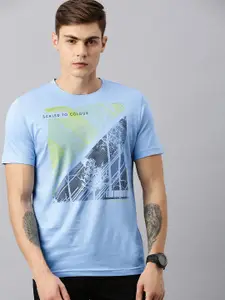 Huetrap Men Blue Printed Round Neck Pure Cotton T-shirt