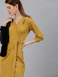 Miss Chase Women Mustard Yellow Solid Wrap Dress