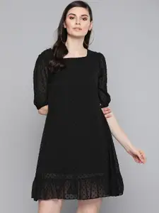 SASSAFRAS Black Self Design Dobby Weave A-Line Dress