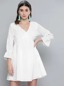 SASSAFRAS White Schiffli Embroidered Cotton A-Line Dress