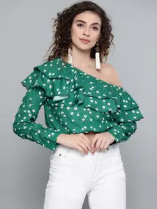 SASSAFRAS Women Green Printed One Shoulder Layered Crop Blouson Top