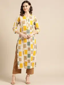 Nayo Women Beige & Mustard Yellow Printed Straight Kurta