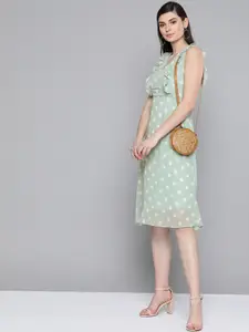 SASSAFRAS Mint Green & Off-White Polka Dots Print Fit and Flare Dress