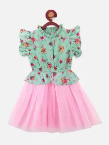 LilPicks Girls Green & Pink Floral Printed Fit and Flare Dress