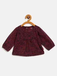 Gini and Jony Girls Maroon & Navy Blue Checked A-Line Pure Cotton Top