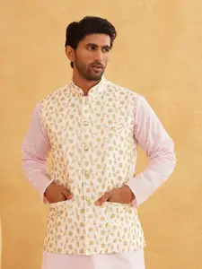 SOJANYA Men Cream-Coloured & Golden Embroidered Nehru Jacket