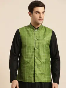 SOJANYA Men Green & Off-White Checked Nehru Jacket