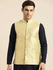 SOJANYA Men Yellow & Golden Woven Design Nehru Jacket