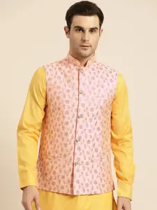 SOJANYA Men Peach-Coloured & Golden Embroidered Nehru Jacket