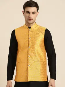 SOJANYA Men Mustard Yellow & Golden Woven Design Nehru Jacket
