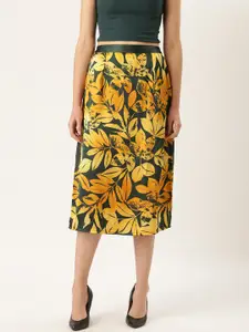 WISSTLER Women Green & Mustard Yellow Satin Finish Leaf Print A-Line Skirt