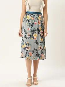 WISSTLER Women Blue & Mustard Yellow Satin Finish Floral Print A-Line Skirt