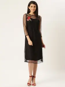 WISSTLER Women Black Semi Sheer Net A-Line Dress