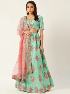 Shaily Green & Peach-Coloured Embroidered Semi-Stitched Lehenga & Unstitched Blouse with Dupatta