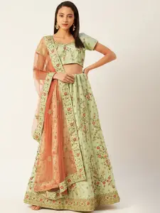 Shaily Green & Peach-Coloured Embroidered Semi-Stitched Lehenga & Unstitched Blouse with Dupatta