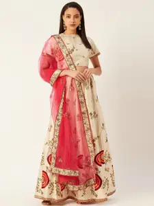 Shaily Beige & Pink Embroidered Semi-Stitched Lehenga & Unstitched Blouse with Dupatta