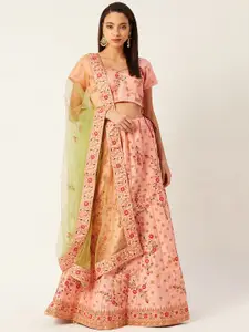 Shaily Peach-Coloured & Green Embroidered Semi-Stitched Lehenga & Unstitched Blouse with Dupatta