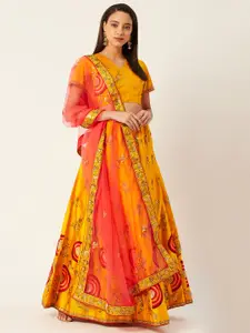 Shaily Mustard & Red Embroidered Semi-Stitched Lehenga & Unstitched Blouse with Dupatta