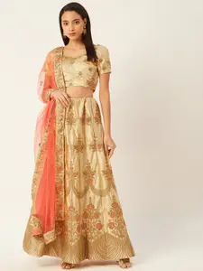 Shaily Beige & Peach-Coloured Embroidered Semi-Stitched Lehenga & Unstitched Blouse with Dupatta