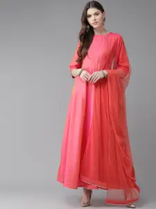 Libas Women Pink & Golden Dual-Toned Self Design Maxi Dress with Net Dupatta