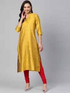 KSUT Women Mustard Yellow Woven Design Straight Kurta