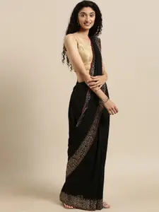 VASTRANAND Black Poly Silk Solid Saree with Embellished Border