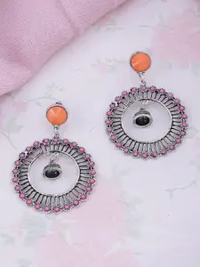 ToniQ Silver-Toned & Pink Oxidised Circular Beaded Drop Earrings