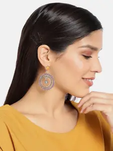 ToniQ Silver-Toned & Pink Oxidised Circular Beaded Drop Earrings