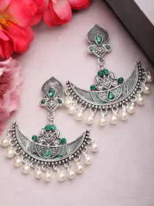 Rubans Green Silver-Plated Oxidised Handcrafted Enamel Crescent Shaped Drop Earrings