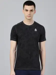 Reebok Men Charcoal Grey & Black Printed Slim Fit Crossfit Move Training T-shirt