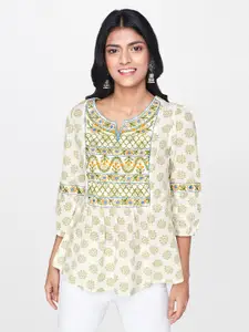 Global Desi Women Off-White & Green Printed Pure Cotton Top