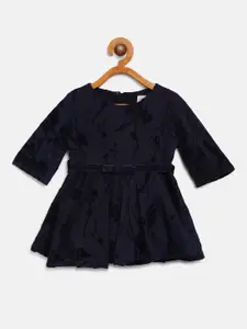 Gini and Jony Girls Navy Blue Patterned Fit and Flare Dress With Belt