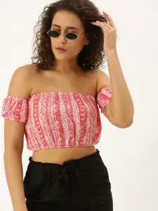 FOREVER 21 Women Red & White Printed Bardot Crop Top