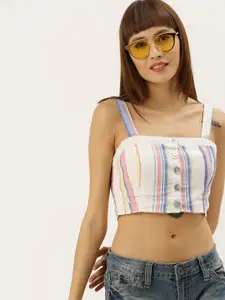 FOREVER 21 Women Off-White & Blue Candy Striped Top