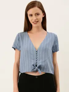 FOREVER 21 Women Blue & White Striped Cropped Shirt Style Top with Front Knot