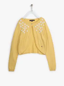 Allen Solly Junior Girls Mustard Yellow Solid Cardigan Sweater With Embellished Detail