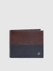 Allen Solly Men Brown & Navy Blue Colourblocked Genuine Leather Two Fold Wallet