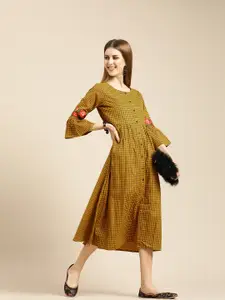 Varanga Women Mustard Yellow & Brown Checked A-Line Dress with Embroidered Sleeve