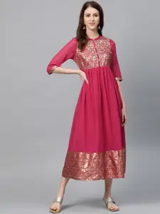 AURELIA Women Pink & Golden Printed A-Line Dress